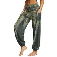 Nuofengkudu Donna Harem Hippie Pantaloni con Tasche Boho Print Vita Alta Larghi Leggeri Indiani Yoga Pants Estivi Spiaggia (Verde B,Taglia Unica)